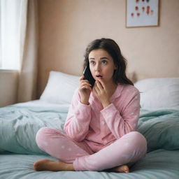 A scared girl, sitting in her cozy room, wearing comfortable pajamas and texting nervously on her smartphone