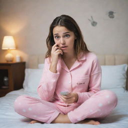 A scared girl, sitting in her cozy room, wearing comfortable pajamas and texting nervously on her smartphone