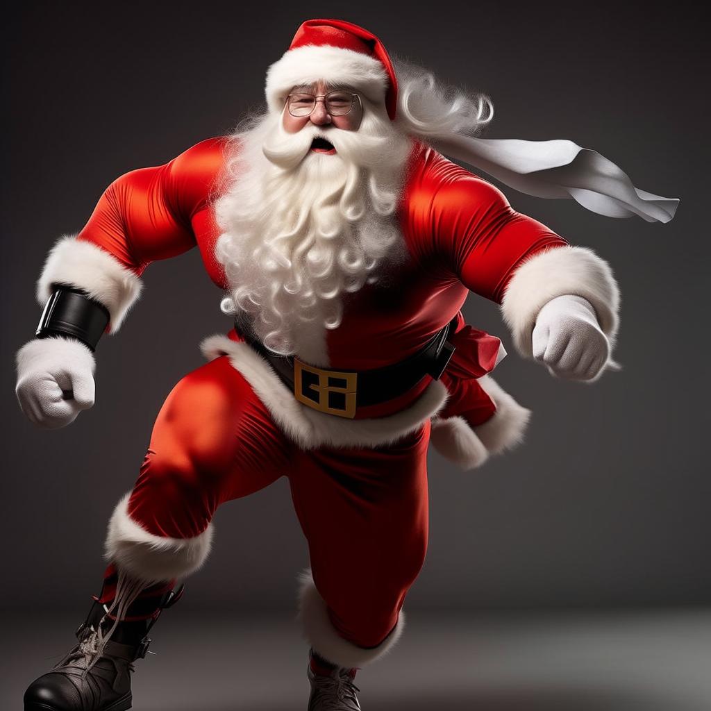 Santa Claus redesigned as a high-performance athletic machine, embodying exceptional hardness, improved physique, blistering speed, and overwhelming strength.