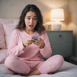 A scared girl, sitting in her cozy room, wearing comfortable pajamas and texting nervously on her smartphone