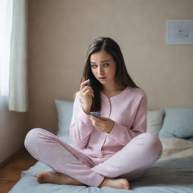 A scared girl, sitting in her cozy room, wearing comfortable pajamas and texting nervously on her smartphone