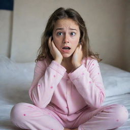 A terrified young girl sitting in her bedroom, dressed in pajamas, clutching her phone with a fearful expression.