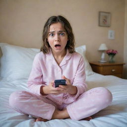 A terrified young girl sitting in her bedroom, dressed in pajamas, clutching her phone with a fearful expression.