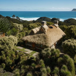 A traditional Hataitai house in Wellington, New Zealand, nestled amid lush greenery with ocean views in the background.