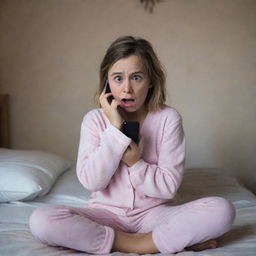 A terrified young girl sitting in her bedroom, dressed in pajamas, clutching her phone with a fearful expression.