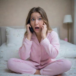 A terrified young girl sitting in her bedroom, dressed in pajamas, clutching her phone with a fearful expression.