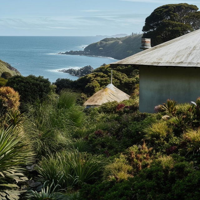 A traditional Hataitai house in Wellington, New Zealand, nestled amid lush greenery with ocean views in the background.