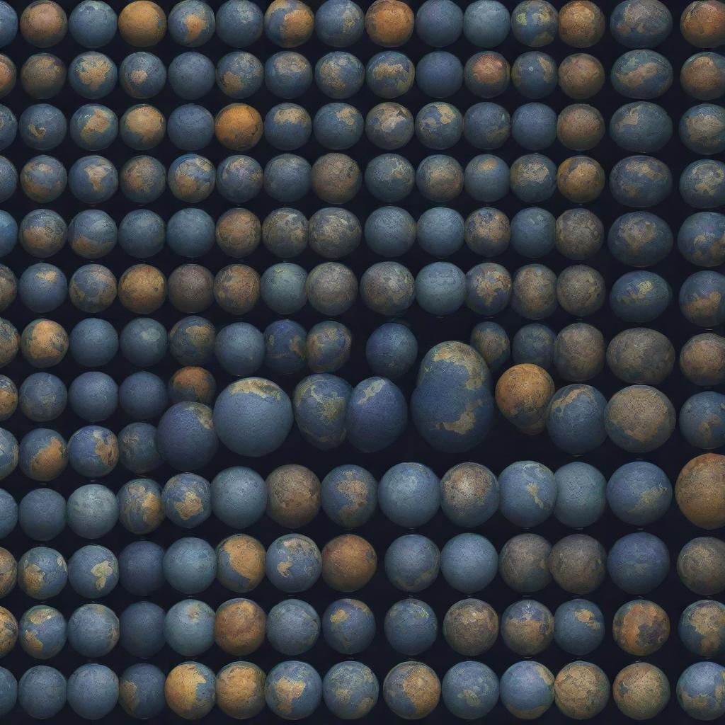 Generate an image showcasing 130 Earths side by side, demonstrating the massive scale and detailing the unique colors and patterns of each globe.