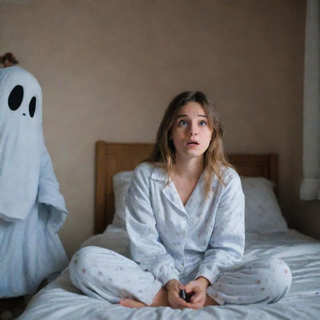 A frightened girl sitting in her room wearing pajamas, with her phone nearby on the bed, her expression conveying shock as if she's seen a ghost.