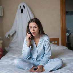 A frightened girl sitting in her room wearing pajamas, with her phone nearby on the bed, her expression conveying shock as if she's seen a ghost.