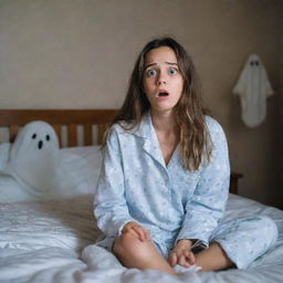 A frightened girl sitting in her room wearing pajamas, with her phone nearby on the bed, her expression conveying shock as if she's seen a ghost.