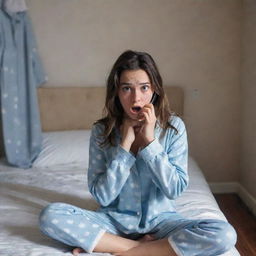 A frightened girl sitting in her room wearing pajamas, with her phone nearby on the bed, her expression conveying shock as if she's seen a ghost.