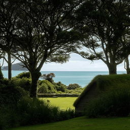 A traditional Hataitai house in Wellington, New Zealand, nestled amid lush greenery with ocean views in the background.