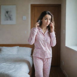 A worried girl pacing around her room in her pajamas, clutching her phone tightly, her face showing signs of fear and deep thoughts.