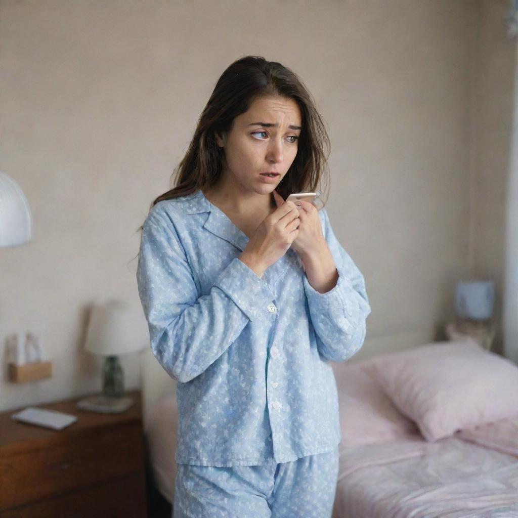 A worried girl pacing around her room in her pajamas, clutching her phone tightly, her face showing signs of fear and deep thoughts.