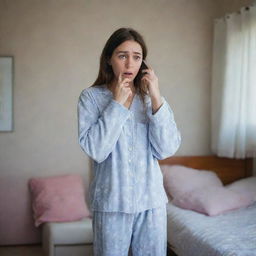 A worried girl pacing around her room in her pajamas, clutching her phone tightly, her face showing signs of fear and deep thoughts.