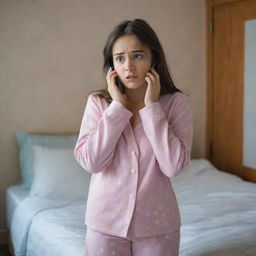 A worried girl pacing around her room in her pajamas, clutching her phone tightly, her face showing signs of fear and deep thoughts.