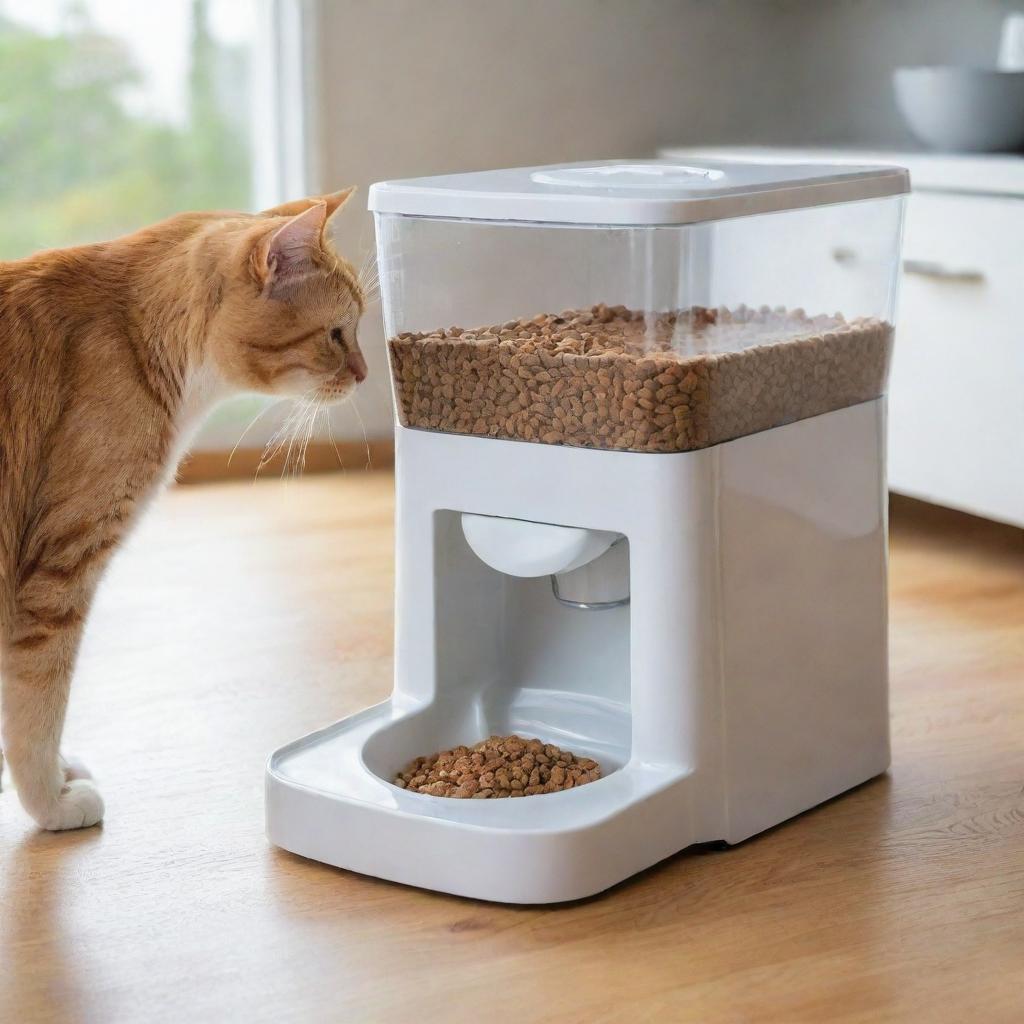 An automatic, durable cat feeder dispenser filled with kibbles. It incorporates sleek and modern design, easy-open lid, clear window for food level visibility, and a programmable feeding system.