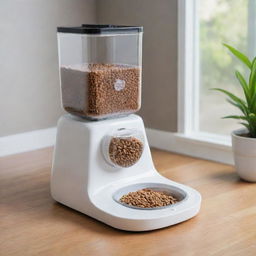 An automatic, durable cat feeder dispenser filled with kibbles. It incorporates sleek and modern design, easy-open lid, clear window for food level visibility, and a programmable feeding system.