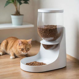 An automatic, durable cat feeder dispenser filled with kibbles. It incorporates sleek and modern design, easy-open lid, clear window for food level visibility, and a programmable feeding system.