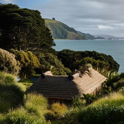 A traditional Hataitai house in Wellington, New Zealand, nestled amid lush greenery with ocean views in the background.