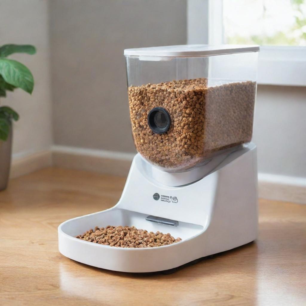 An automatic, durable cat feeder dispenser filled with kibbles. It incorporates sleek and modern design, easy-open lid, clear window for food level visibility, and a programmable feeding system.