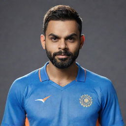 Portrait of Virat Kohli, Indian cricket player, in his team blue jersey looking confident and ready to bat.