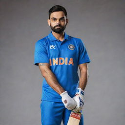 Portrait of Virat Kohli, Indian cricket player, in his team blue jersey looking confident and ready to bat.