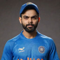 Portrait of Virat Kohli, Indian cricket player, in his team blue jersey looking confident and ready to bat.