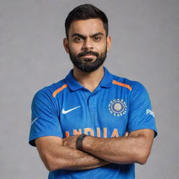 Portrait of Virat Kohli, Indian cricket player, in his team blue jersey looking confident and ready to bat.