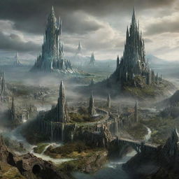 A futuristic, sophisticated version of Middle Earth from The Lord of the Rings, with high-tech infrastructures and citizens wearing a blend of traditional and futuristic styles.