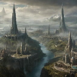 A futuristic, sophisticated version of Middle Earth from The Lord of the Rings, with high-tech infrastructures and citizens wearing a blend of traditional and futuristic styles.