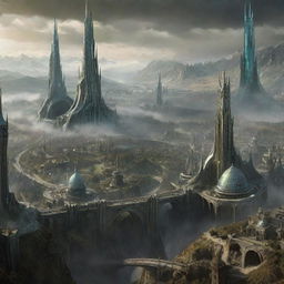 A futuristic, sophisticated version of Middle Earth from The Lord of the Rings, with high-tech infrastructures and citizens wearing a blend of traditional and futuristic styles.