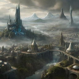 A futuristic, sophisticated version of Middle Earth from The Lord of the Rings, with high-tech infrastructures and citizens wearing a blend of traditional and futuristic styles.