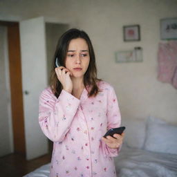 A nervous girl in her pajamas, scanning her phone closely in her room, anxious to find a suitable venue for her party.