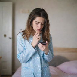 A nervous girl in her pajamas, scanning her phone closely in her room, anxious to find a suitable venue for her party.