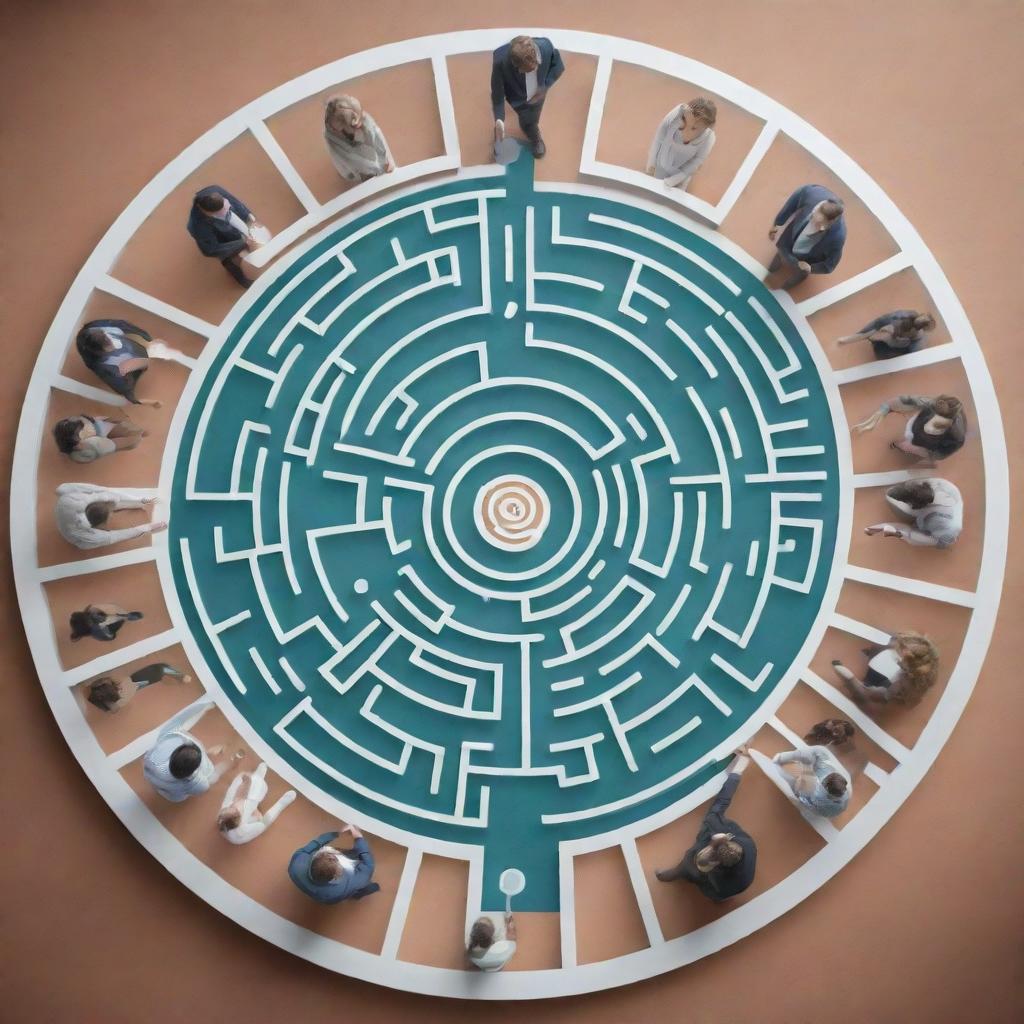 Illustrate an adept team of professionals navigating a dynamic maze that symbolizes the recruitment landscape. The team is collaborating around a table, with logos of major corporations hovering above, suggesting thriving consultation.