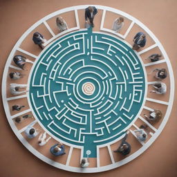 Illustrate an adept team of professionals navigating a dynamic maze that symbolizes the recruitment landscape. The team is collaborating around a table, with logos of major corporations hovering above, suggesting thriving consultation.