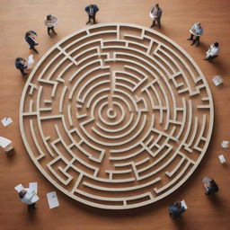 Illustrate an adept team of professionals navigating a dynamic maze that symbolizes the recruitment landscape. The team is collaborating around a table, with logos of major corporations hovering above, suggesting thriving consultation.