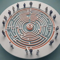 Illustrate an adept team of professionals navigating a dynamic maze that symbolizes the recruitment landscape. The team is collaborating around a table, with logos of major corporations hovering above, suggesting thriving consultation.