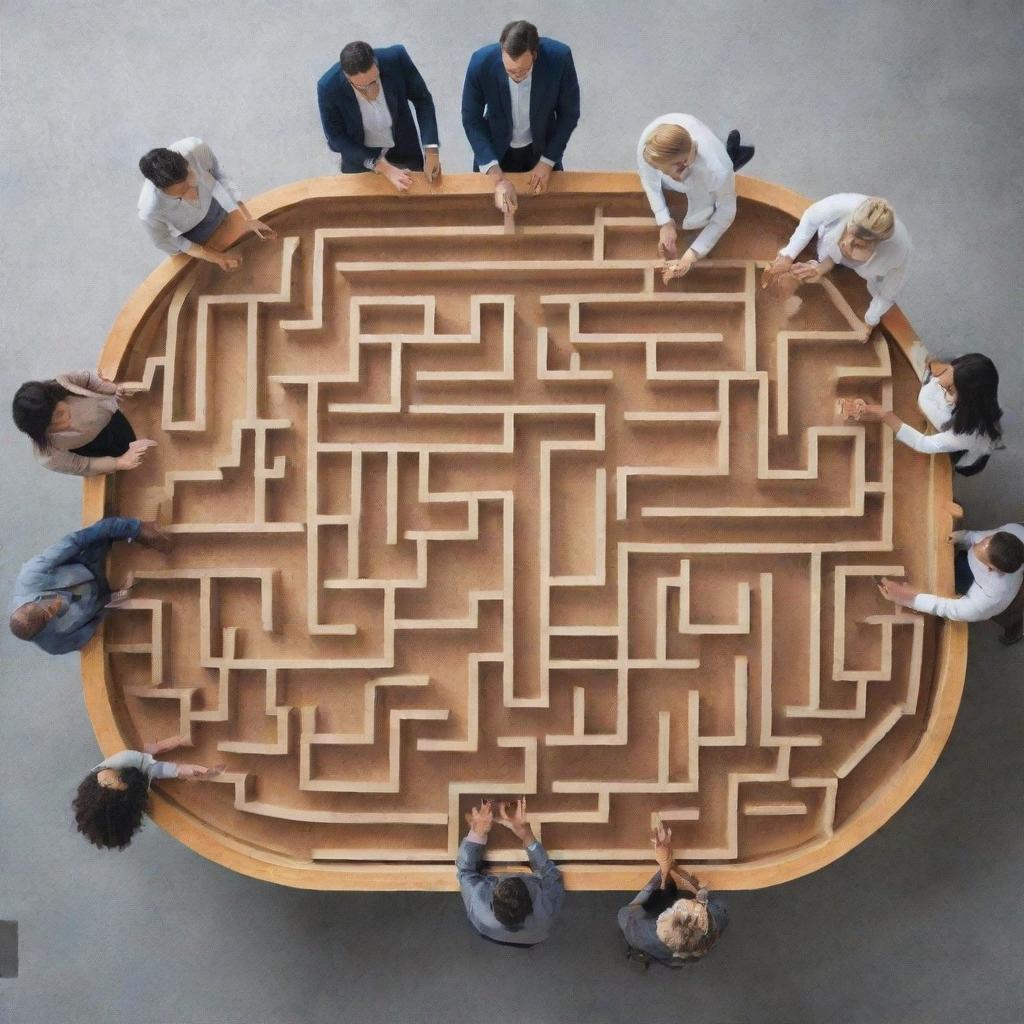 Illustrate an adept team of professionals navigating a dynamic maze that symbolizes the recruitment landscape. The team is collaborating around a table, with logos of major corporations hovering above, suggesting thriving consultation.