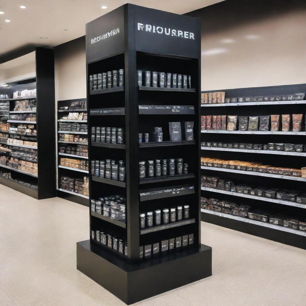 A sleek black metal merchandise display in the bustling environment of a busy shopping mall, filled with various products.