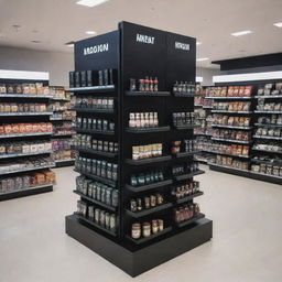 A sleek black metal merchandise display in the bustling environment of a busy shopping mall, filled with various products.