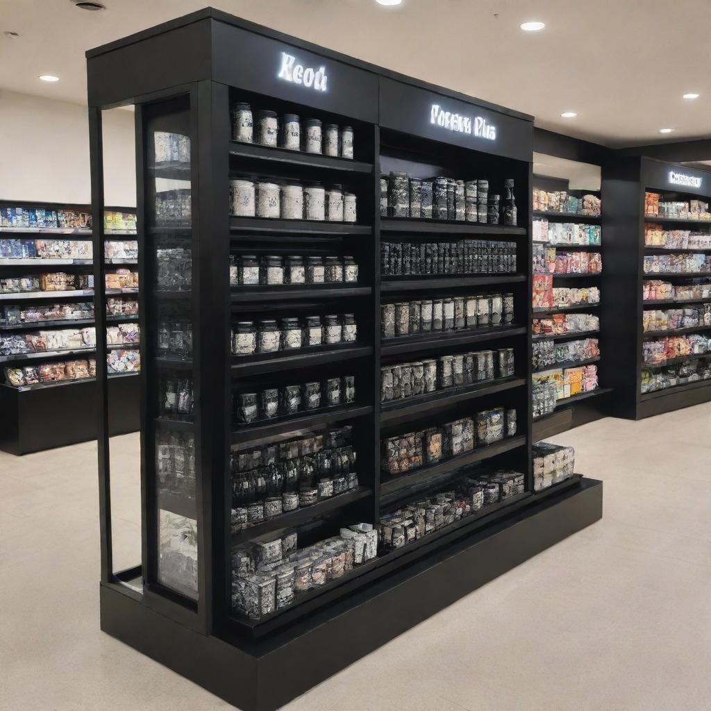 A sleek black metal merchandise display in the bustling environment of a busy shopping mall, filled with various products.