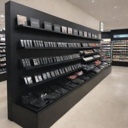 A sleek black metal merchandise display in the bustling environment of a busy shopping mall, filled with various products.