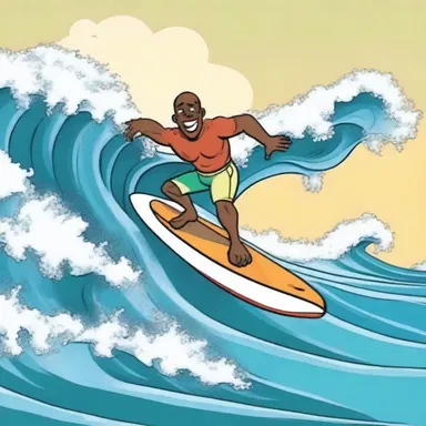 In the cartoon, the character rides a surfboard to catch a big wave.