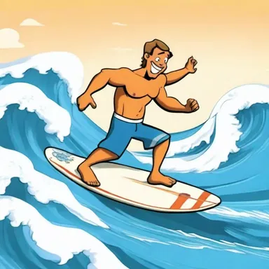 In the cartoon, the character rides a surfboard to catch a big wave.