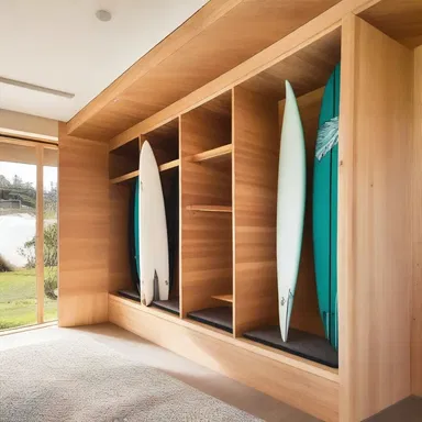 The modern beach house has a storage area specifically designed to hold surfboards.