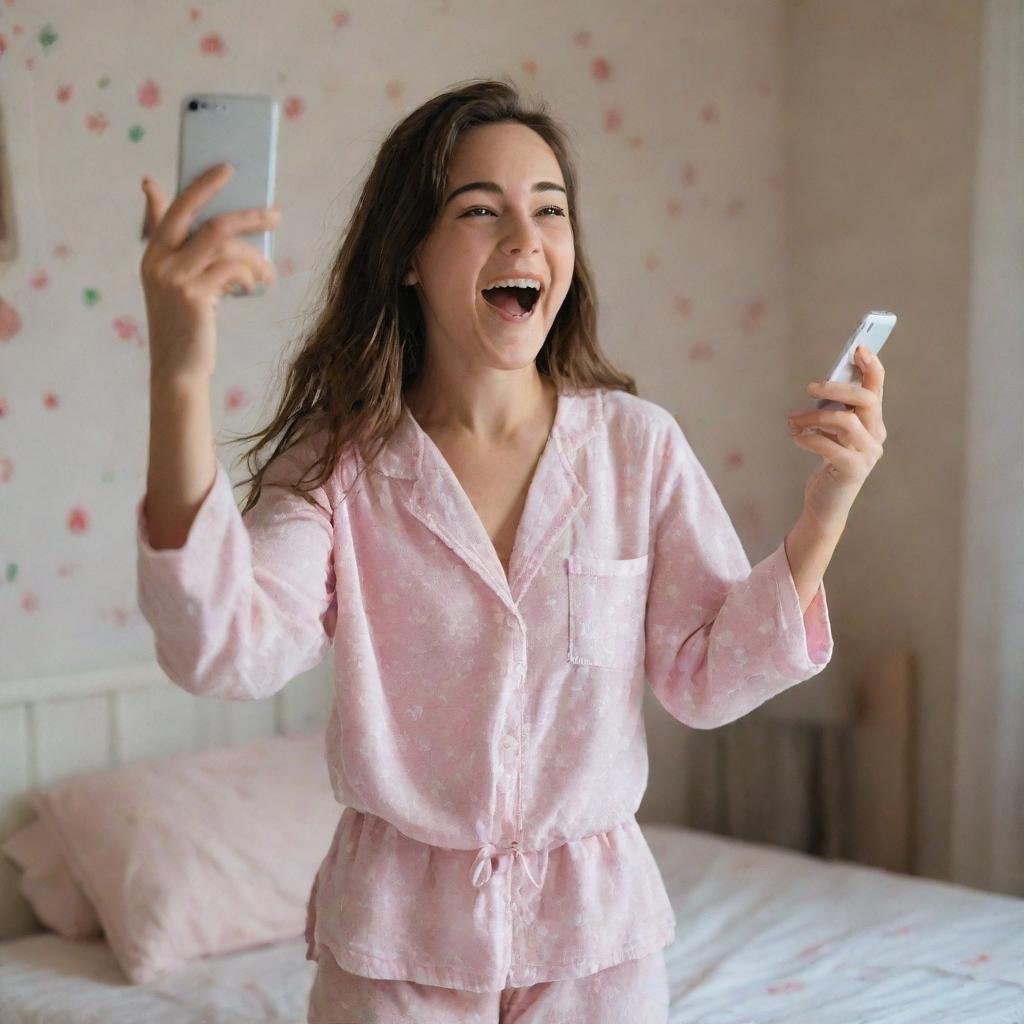 A elated girl in her pajamas, in her room, holding her phone with sheer joy and excitement, as if she has discovered a treasure.