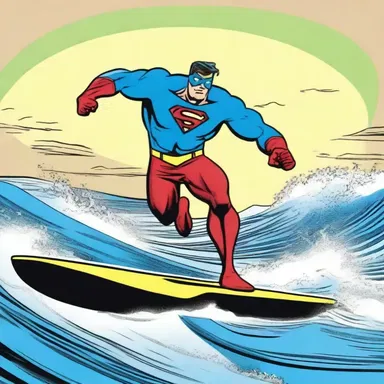 In the comic strip, the superhero uses a surfboard to travel at incredible speeds.